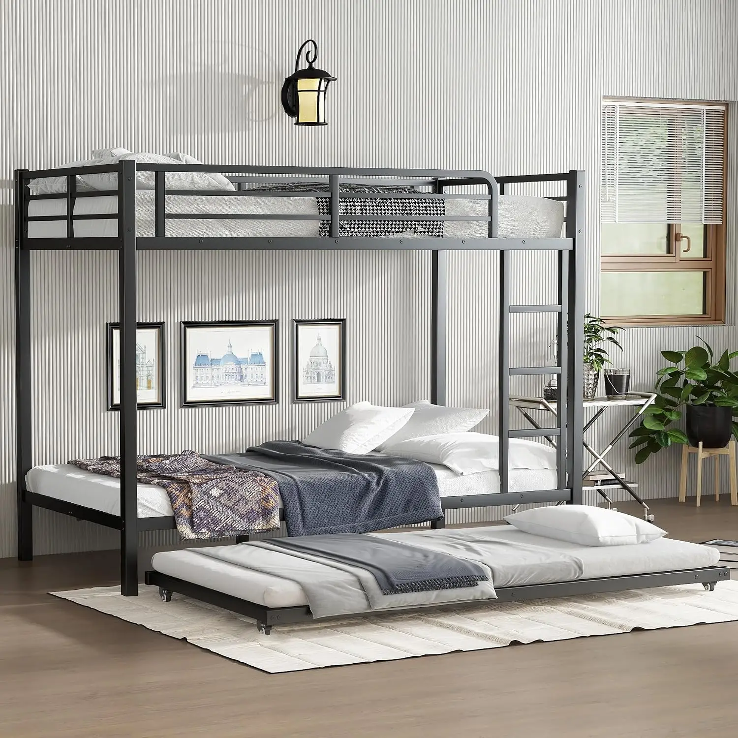 Queen Over Queen Metal Bunk Bed with Twin Trundle, Heavy-Duty Frame, Ladders, Noise Free, Black, Customized