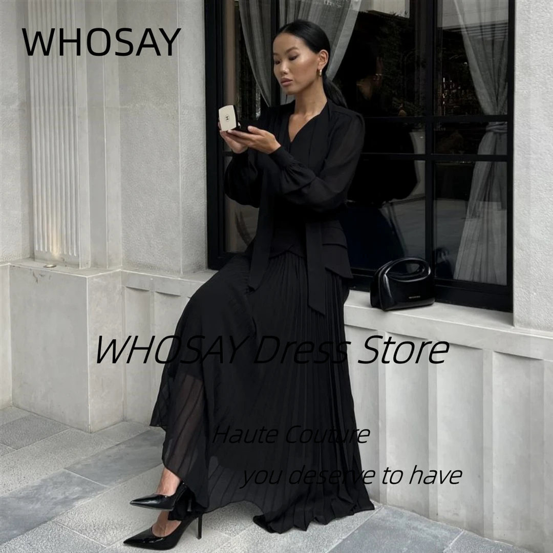 WHOSAY Office Lady Wear Two Pieces Black Dress Long Sleeves Evening Gowns Pleats Asymmetrical Vestidos Party Prom Dresses