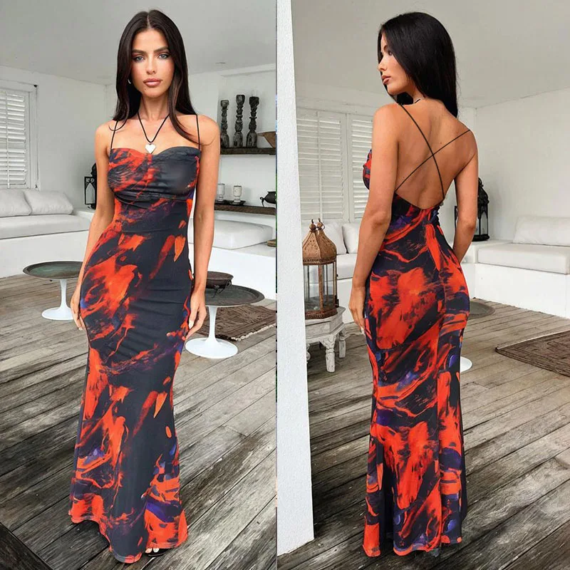 Sexy Trägerloses Figurbetontes Rückenfreies Bedrucktes Kleid für Damen Sommer Cross-Border Eleganter Stil Mittlere Taille Ärmellos