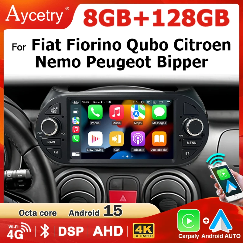 Autoradio Multimediale Wireless Carplay Android 15 per Fiat Fiorino Qubo Citroen Nemo Peugeot Bipper 2008-2017 con GPS
