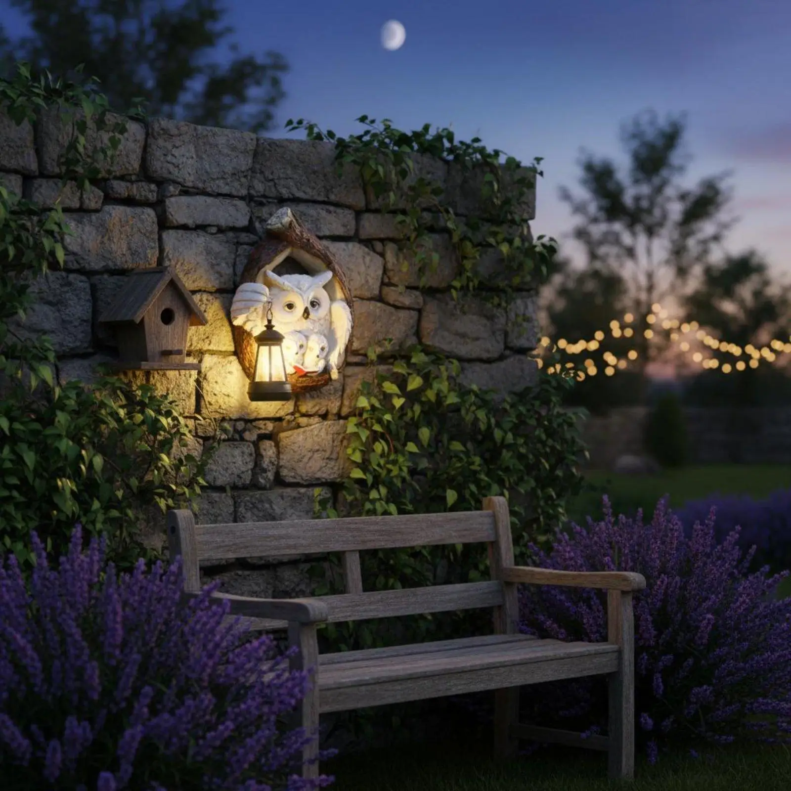 Resin Owl Decoration Solar Powered Wall Light Animal Reading Statue Weatherproof for Patio Garden Outdoor Use