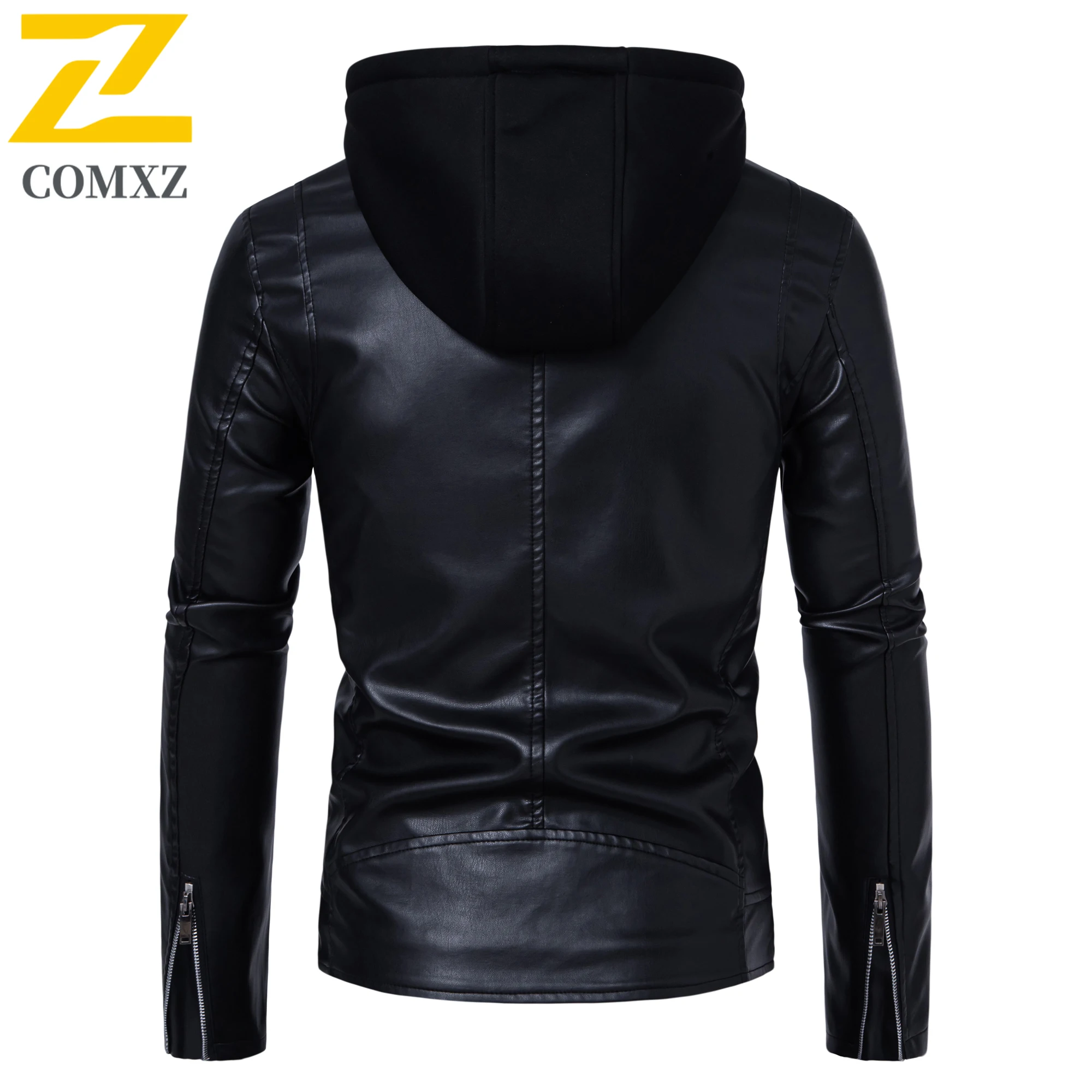 2025 New Leather Jacket Men's Vintage Fake 2 Pieces Hooded Windproof PU Leather Coat Autumn Man Motorcyclist Faux Leather Jacket