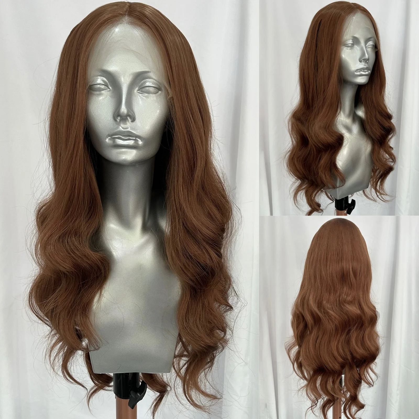 Lichtbruine losse body wave kanten pruiken voor vrouwen lijmloze roodbruine krullende golvende synthetische hittebestendige vezel dagelijks gebruik