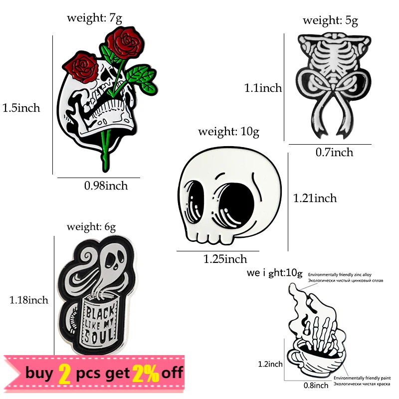 Skeleton Enamel Pins Skull Coffee Ghost Rose Badge for Bag Lapel Brooches Denim Jean Shirt Gothic Punk Jewelry Gift for Friends