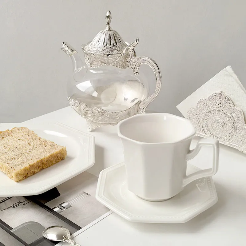 LIVETAI Vintage Octagonal White Porcelain Pearl Point Coffee Cup Plate Set Bowl Dessert Tableware