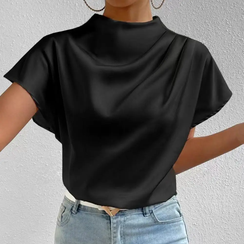 

Women Top Stylish Women's Half High Collar Pleated T-shirt Solid Color Satin Pullover Tops for Daily Wear Trendy Comfortable