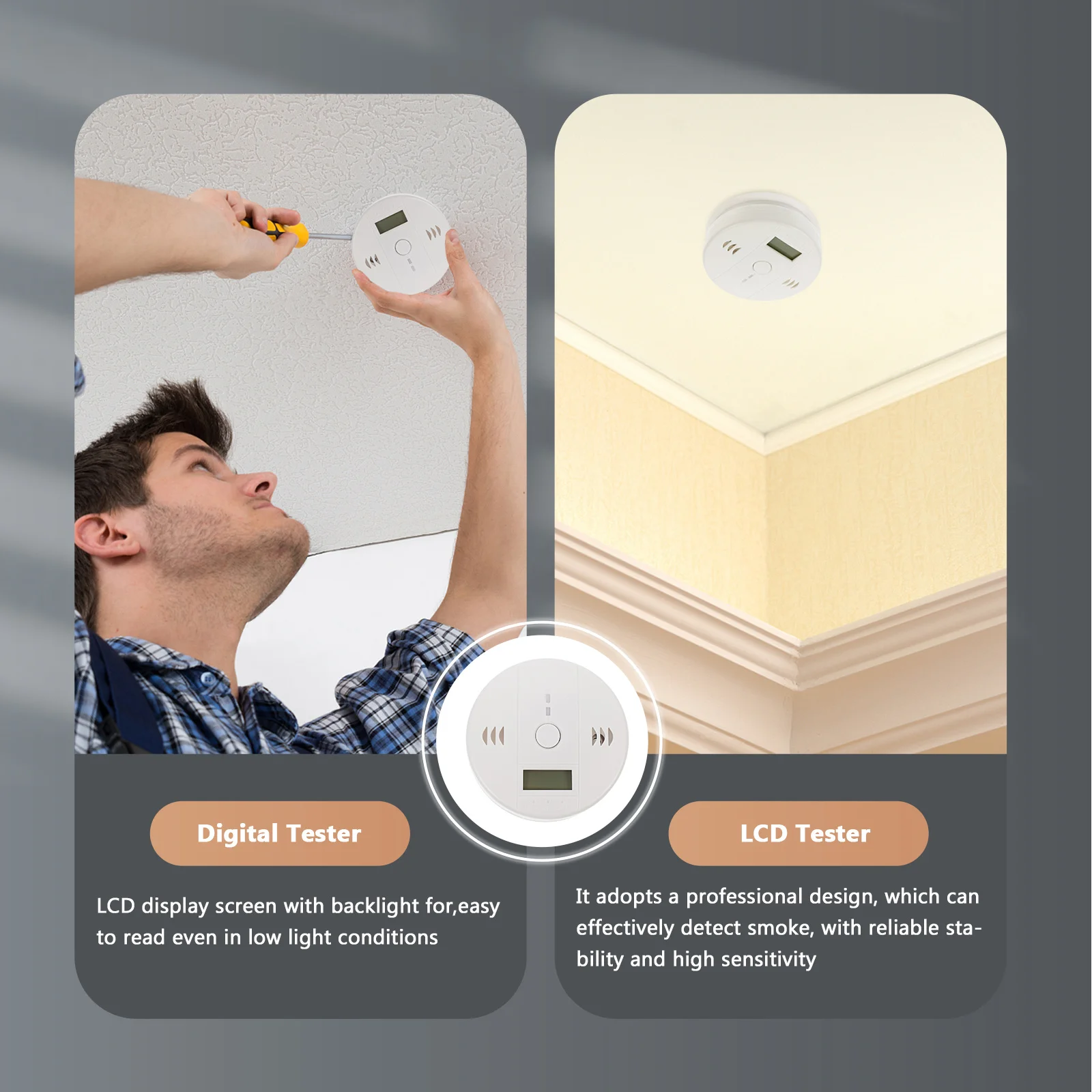 شاشة LCD محمولة فعالة للكشف عن الدخان بإضاءة خلفية متينة لأول أكسيد الكربون ABS