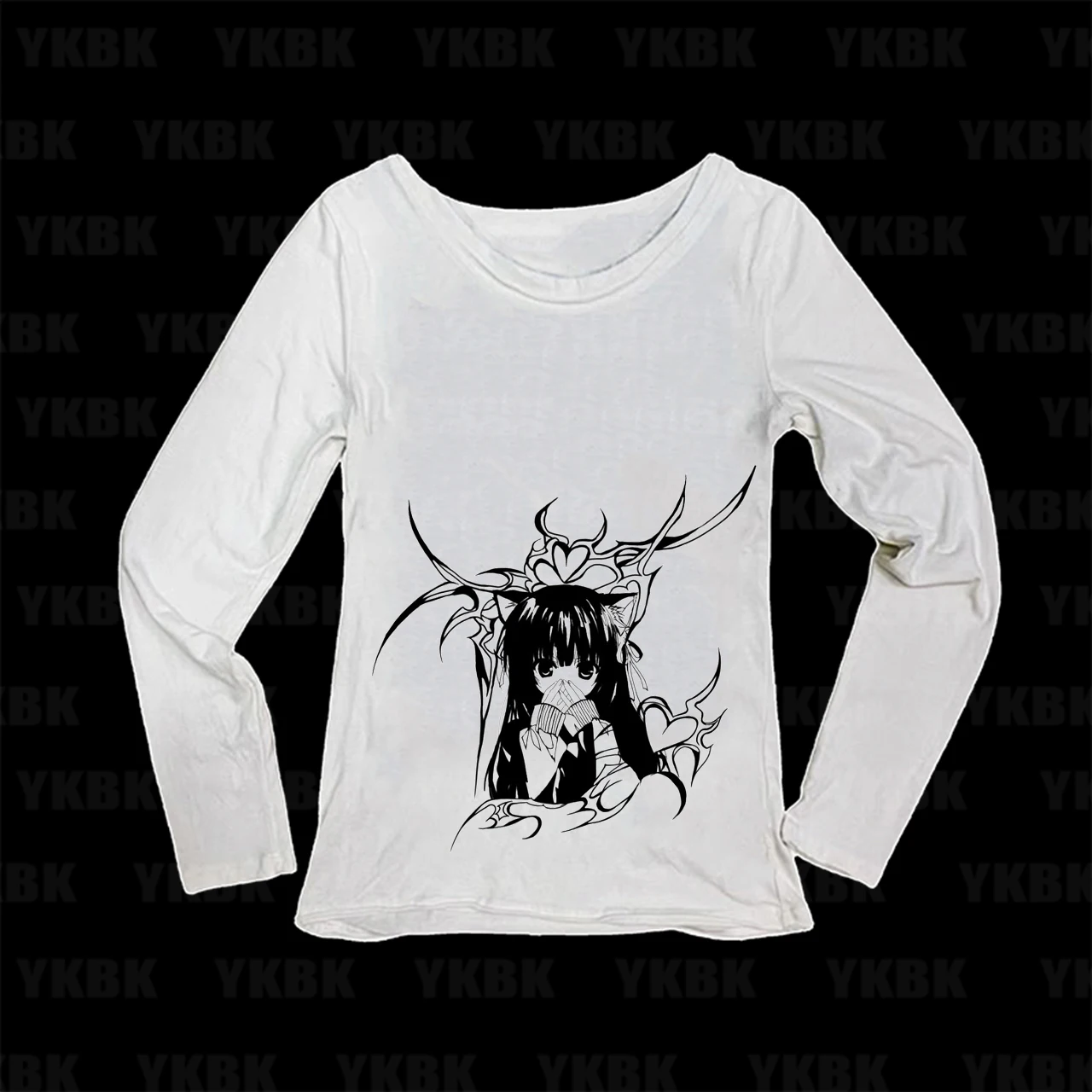 Neko Girl Tribal Heart Flame Anime Graphic Print Women Long Sleeve T‑Shirt Slim Fit Harajuku Ladies Tops