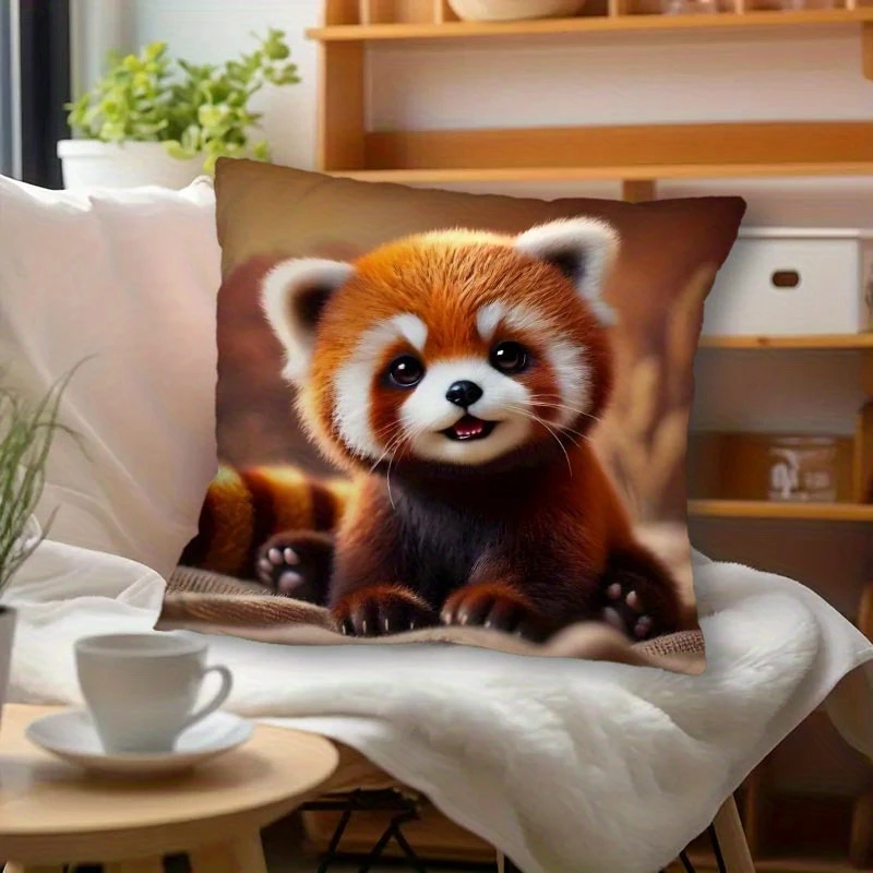 1pc Cute Red Panda Print Square Throw Pillow Case Soft Home Decor Cushion Cover for Sofa Bedroom Living Room