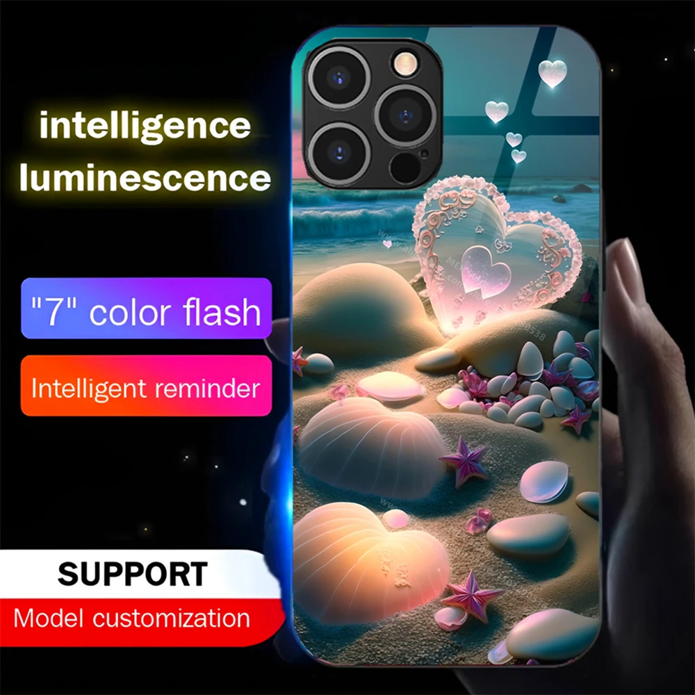 

Shell Love Heart Smart LED Light Glow Tempered Glass Phone Case For Samsung S25 S24 S23 S22 S21 S20 FE Note 10 20 Plus Ultra A54