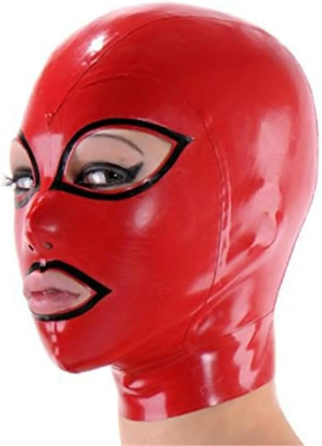 

Red Latex Hood with Black Trim Back Open Eyes Mouth Rubber Mask