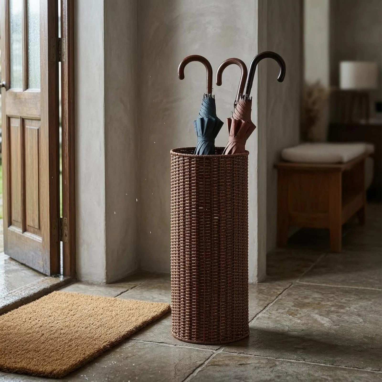 Imitation-Rattan Umbrella Holder Walnut-Brown Wicker-Style Umbrella Stand Multi-Purpose Storage Basket Iron Frame Easy to Clean