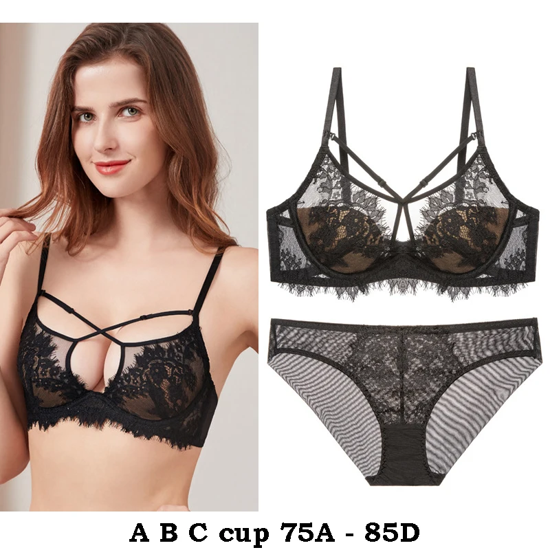 

high quality sexy women bras and brief set push up lace B C D cup comfortable wire summer lingerie underwear black white