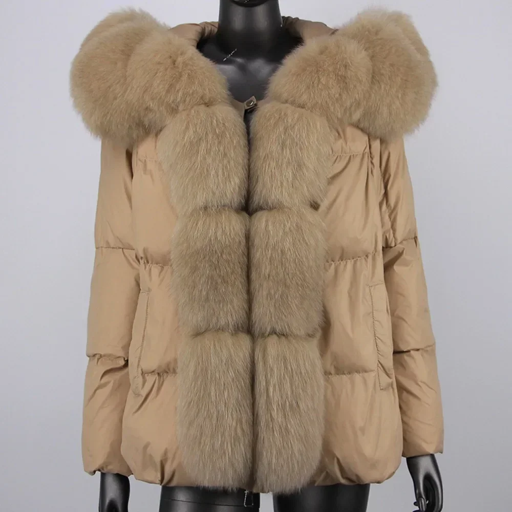 Real Raccoon Fur Jacket White Duck Down Coat Women American Fashion Big Fur Coat Thick Winter Oversize Fox Fur Collar Outerwear