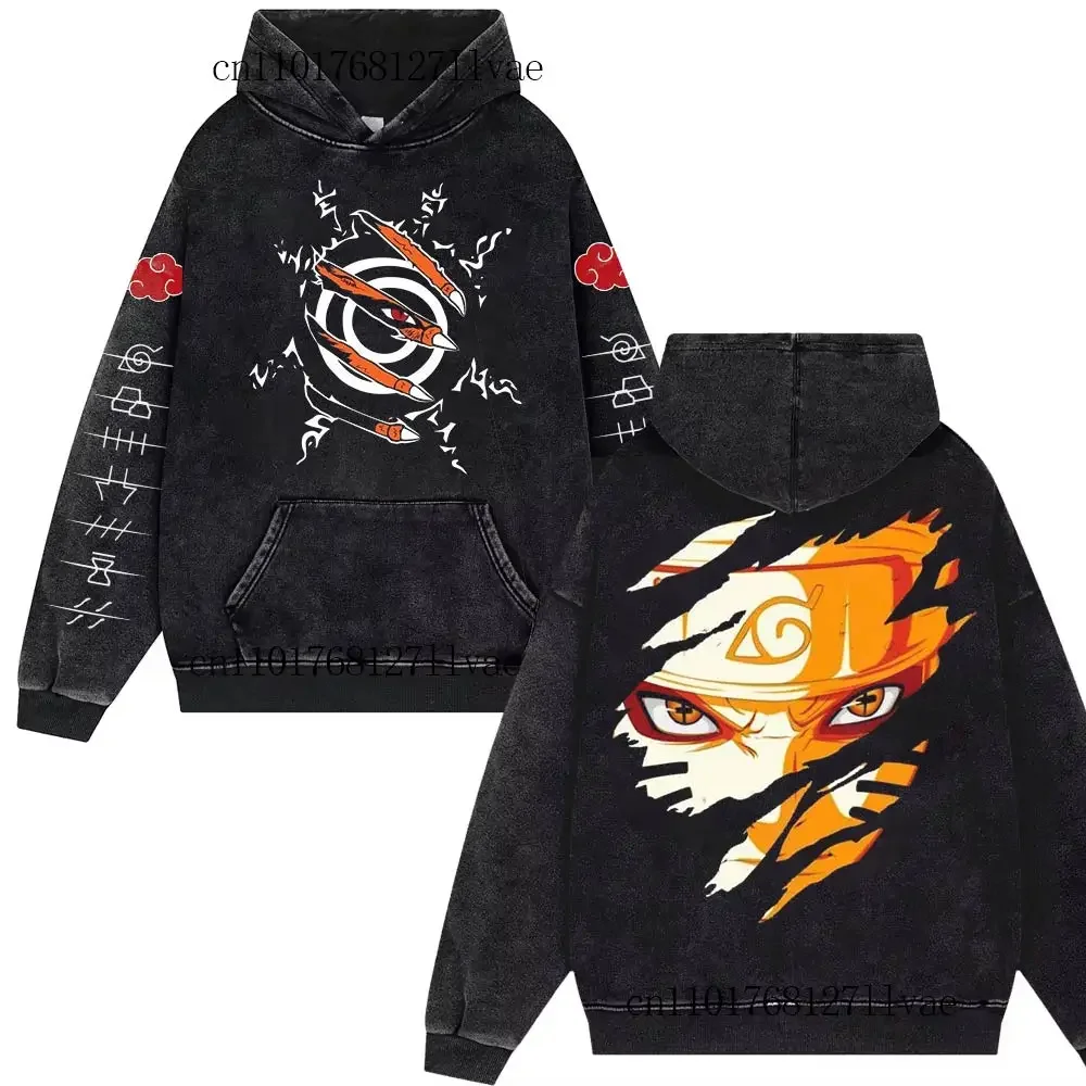 

NARUTO Vintage Men's Women Uzumaki Naruto Washed Hoodies Harajuku Streetwear Oversize Cotton Pullover Coat Y2k Tops Anime Sasuke