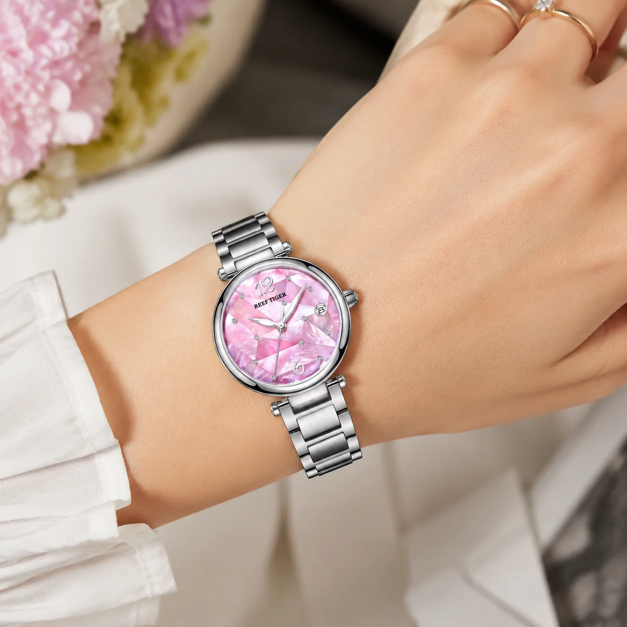 Reef Tiger/RT New luxury stainless steel automatic mechanical watch with pink dial, an elegant and stylish gift for women.