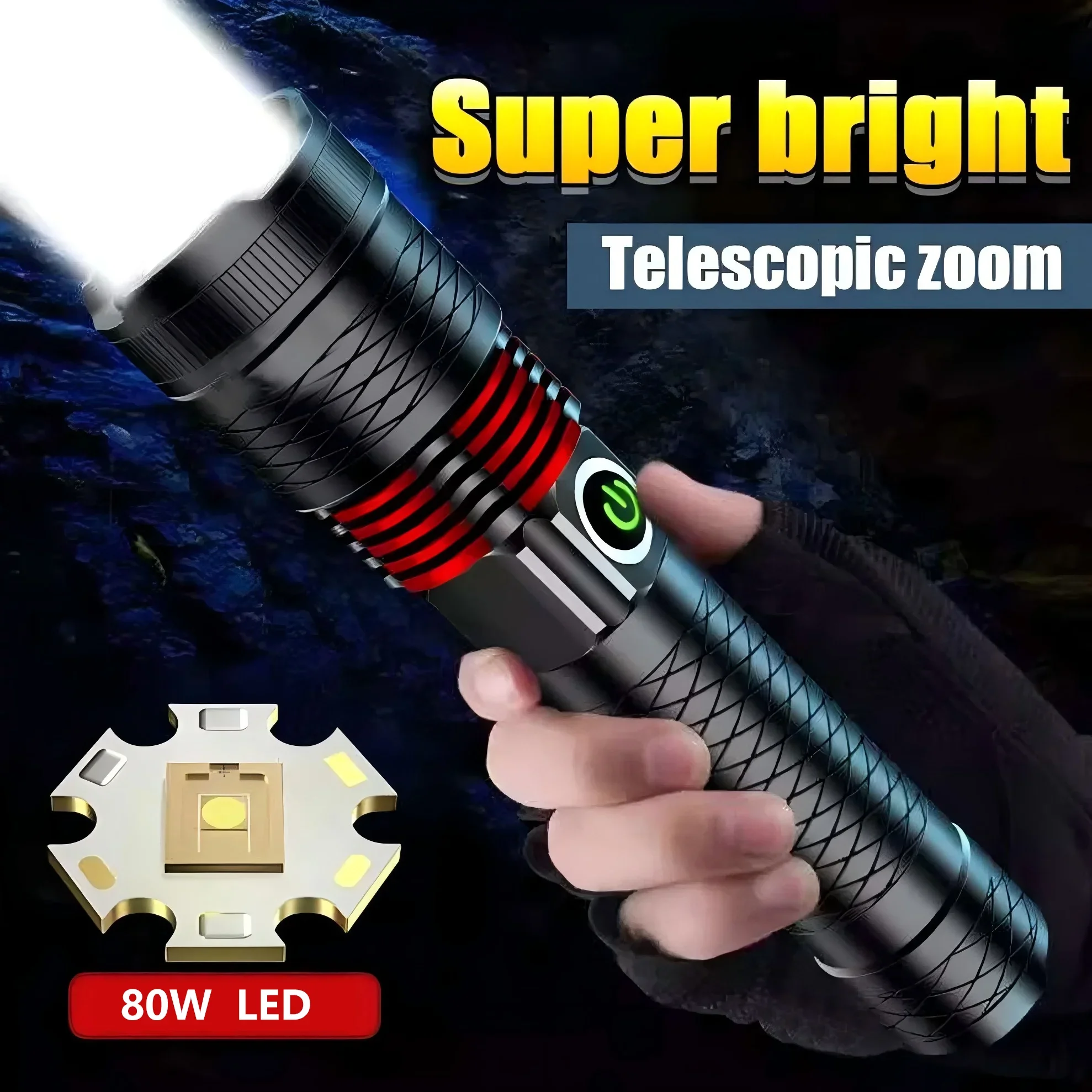 

New Rechargeable 80W LED Flashlights White Laser Lamp Beads 2000m Super Bright Flashlight Powerful Lantern Camping Torch