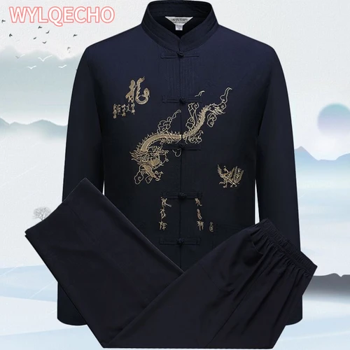 Traje chino de kungfú de algodón para hombre, uniforme bordado Wu Shu, ropa de Tai Chi, camisa de manga corta + pantalón M L XL XXL XXXL