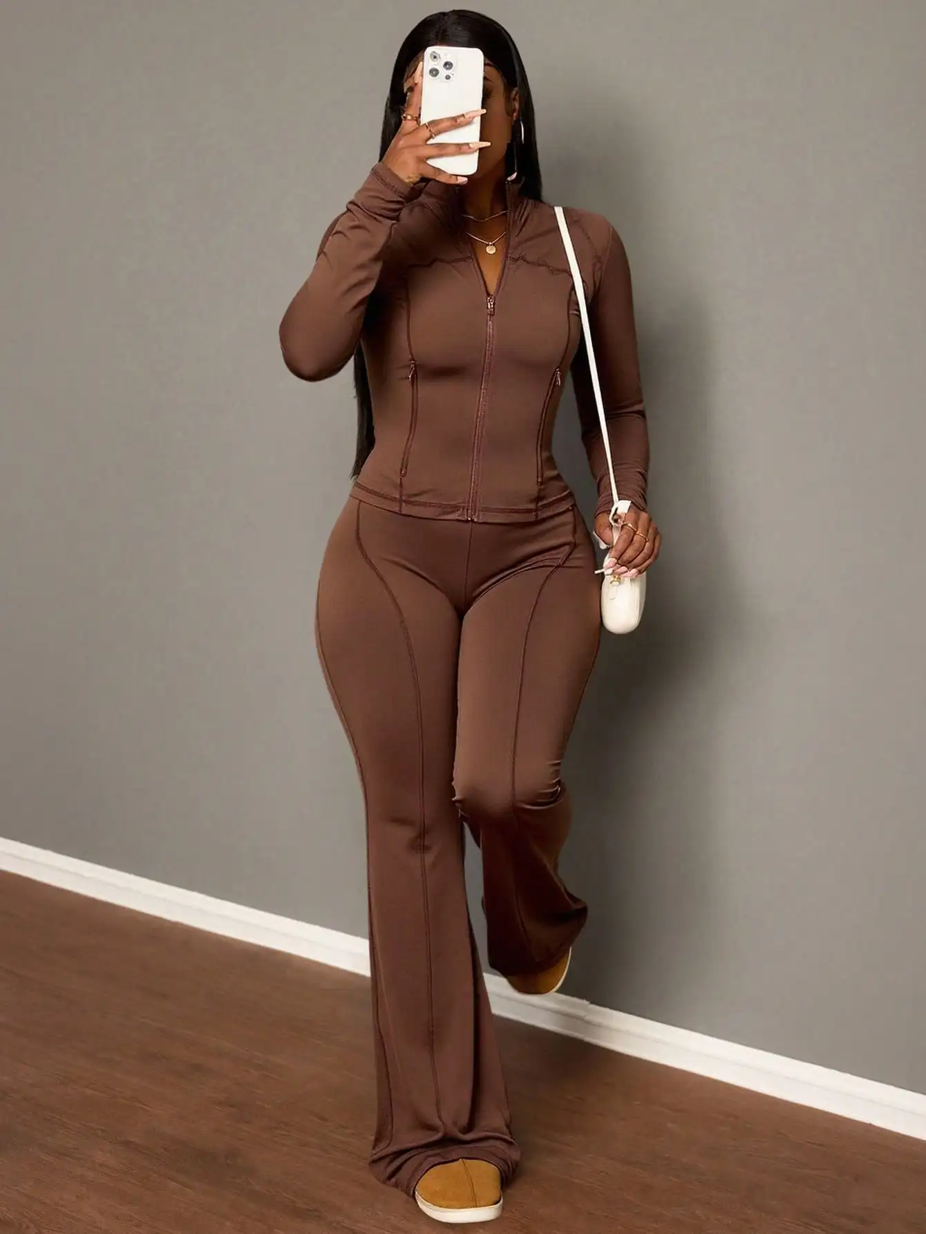 Brown Zip-Front Long Sleeve Top & High Waist Flared Pants 2-Piece Set