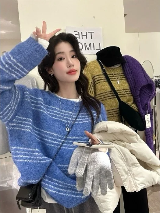 

Dopamine 2025 Women's Winter New Knitted Loose Warm Striped Color Block Sweater Korean Style Lazy Commute Cotton Blend Knitwear