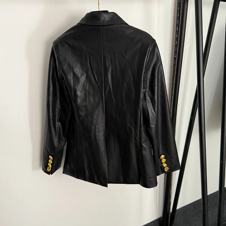 Elegante Giacca in Pelle PU Slim Fit Autunno/Inverno, Manica Lunga, Doppiopetto con Bottoni Dorati