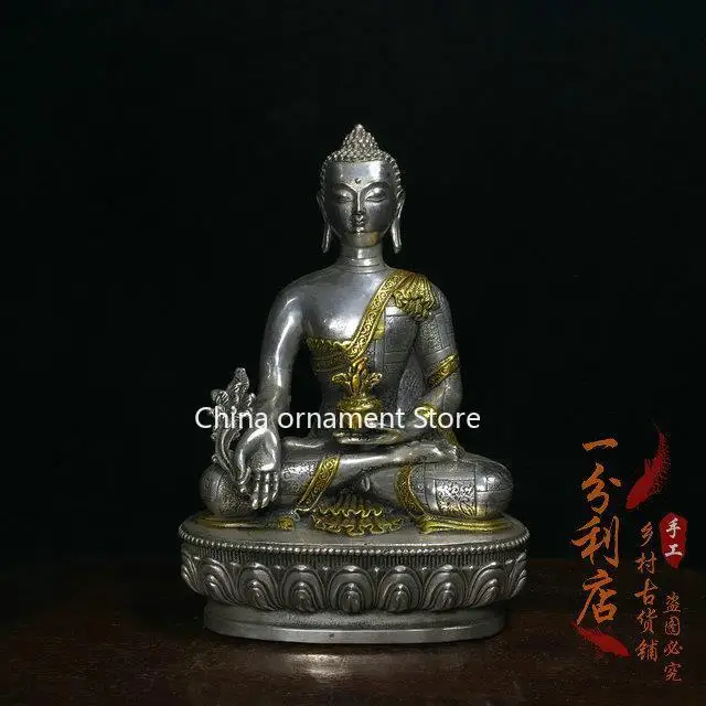 Tibetan Tantra Old Silver Longevity Buddha Medicine Buddha Nepal Buddha Statue Buddhist Hall Devotion Table Ornament