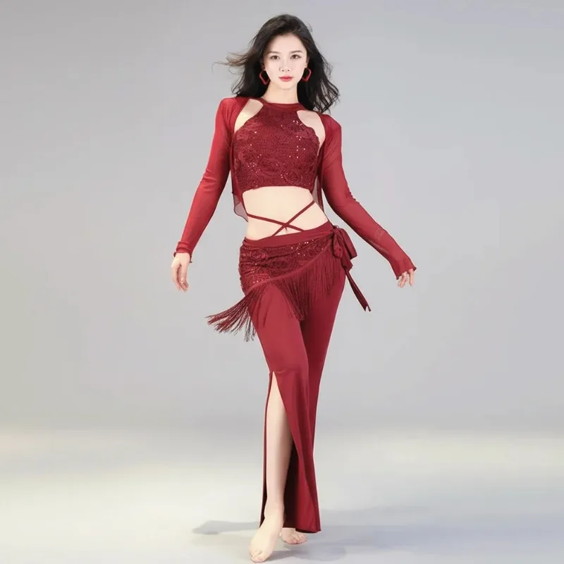 

Women Oriental Dance Class Wear Belly Dance Training Suit Halter Top Long Pants Costume Set Flower Shinny Sequins Hip Scarf