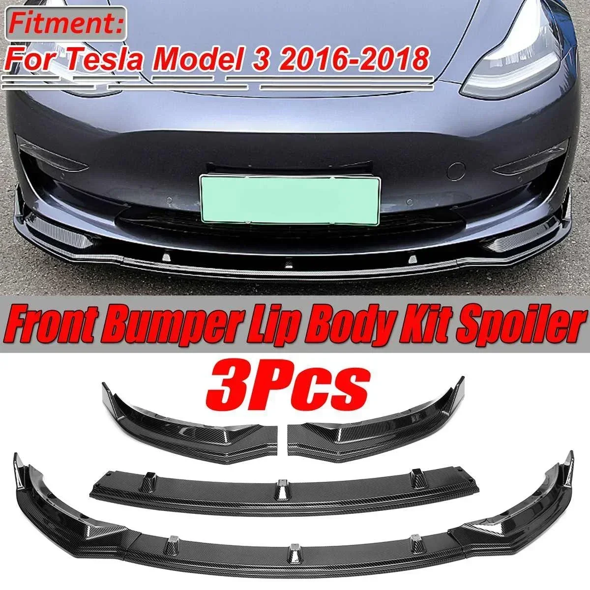Carbon Fiber Look/Black 3xCar Front Bumper Splitter Lip Body Kit Spoiler Protector Cover Guard For Tesla Model 3 Sedan 2016-2019