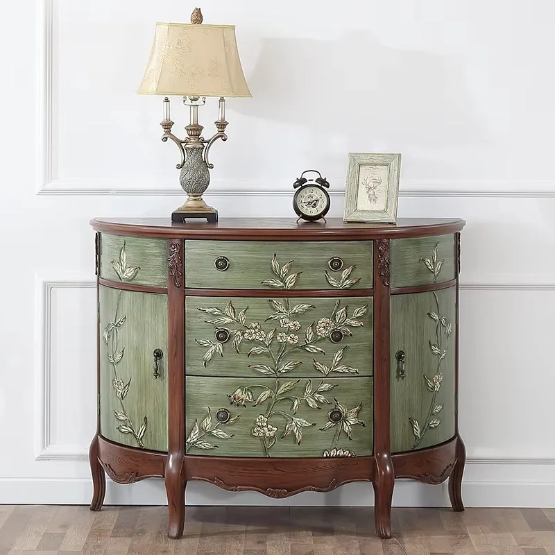 American Country Style Semi-Circular Entryway Cabinet Mediterranean Vintage Painted Stone Storage Sideboard Living Room