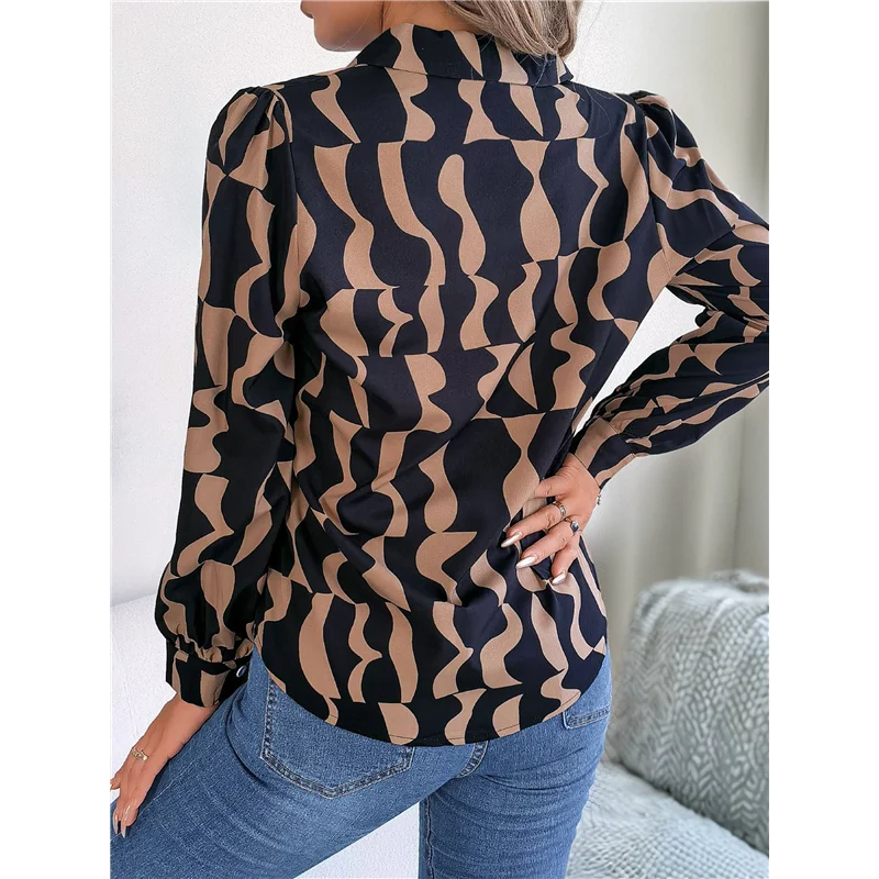 

Women's Geometric Print Long Sleeve Button Front Shirt Blouse, Casual Slim All Over Print Collared Neck Blouse