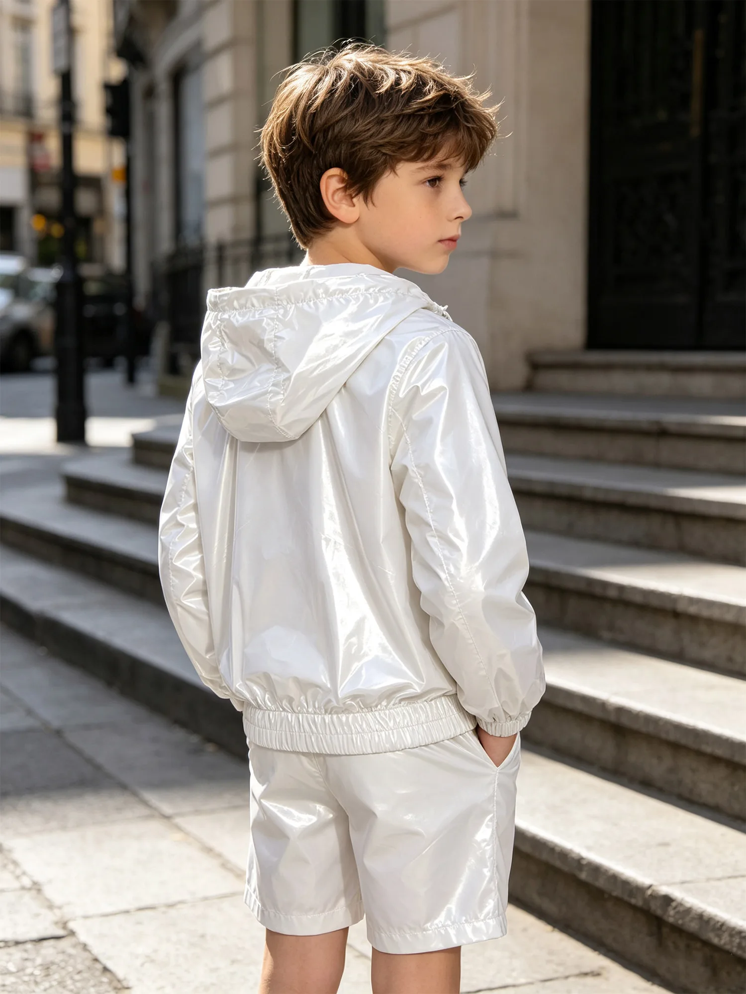Kids Boys Water Resistant Hooded Jacket Long Sleeve Drawstring Hood Athletic Outerwear Raincoat Windproof Hiking Fishing Clothes
