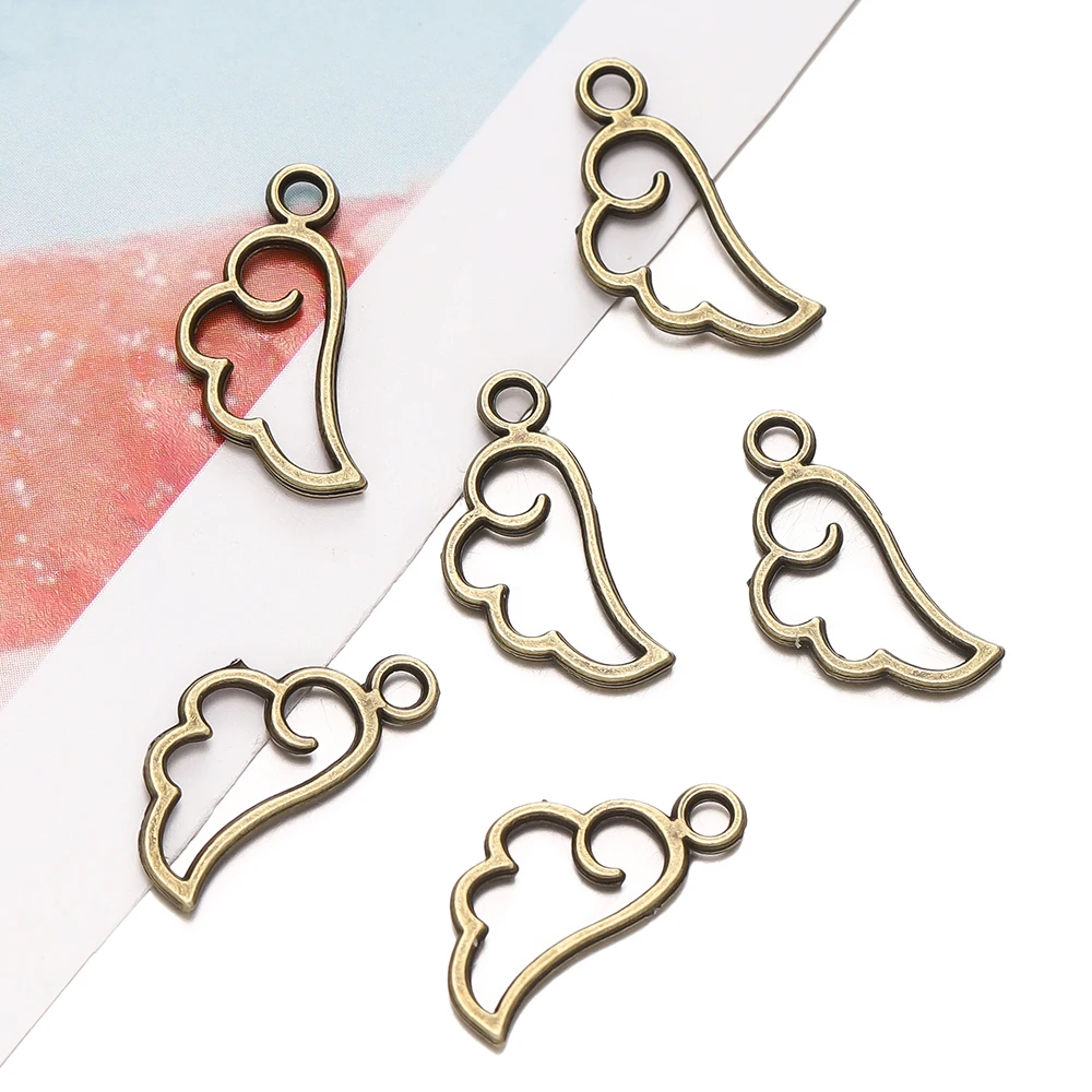 50pcs/lot 9*18mm Metal Alloy Three Color Pendants Mini Hollow Angel Wing Charms for Jewelry Making DIY Handmade Craft Supplies