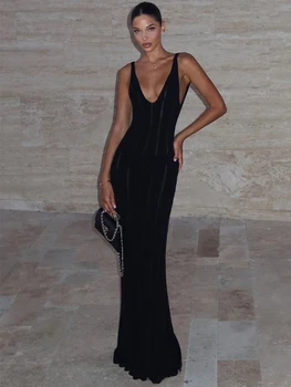 Trendix Knit Backless Dress For Women V Neck Slim Sleeveless Suspender Maxi Dress Vacation Sexy Beach Knitted Elegant Long Dress 6
