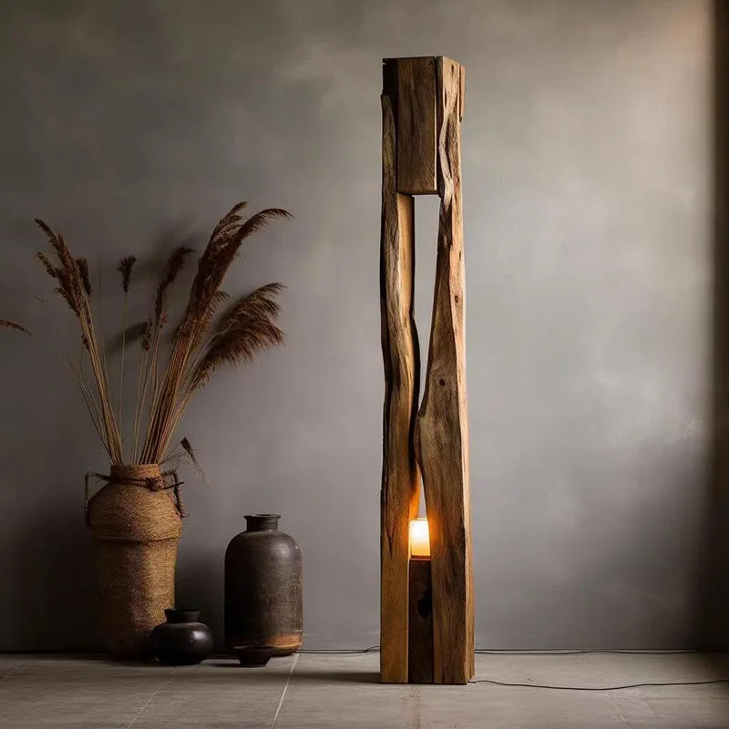 Solid wood wabi sand wind floor lamp B & B weathering decorative wall lamp tea room room wooden vertical lamp home