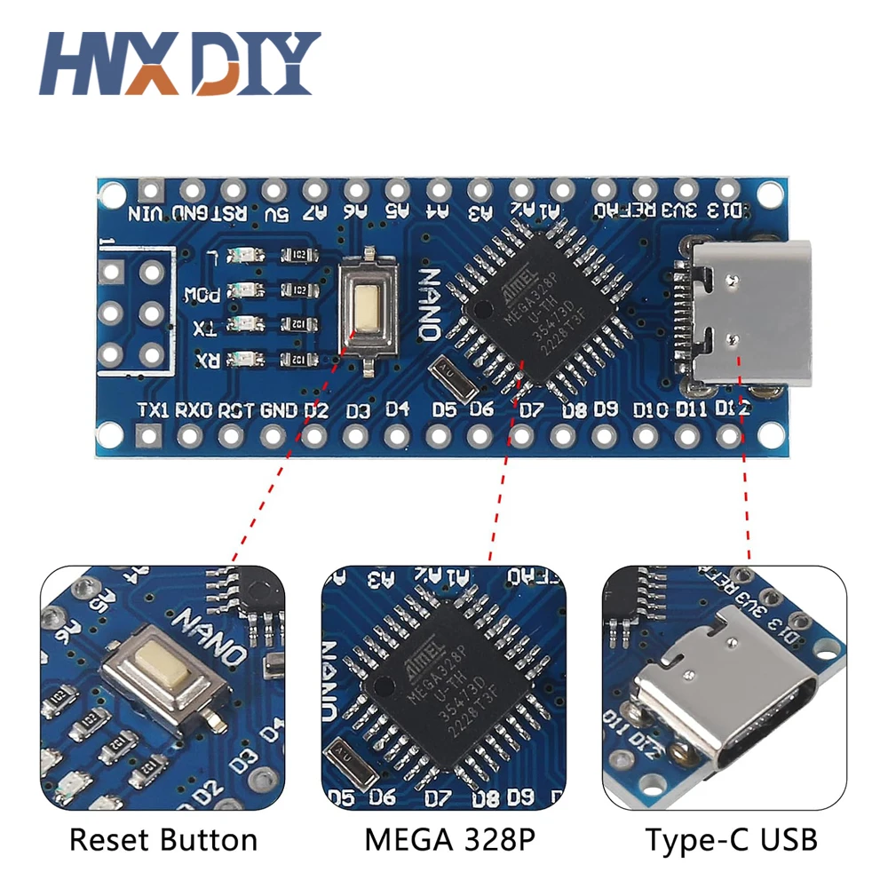 4 SZT. Mini / Type-C / Micro USB Nano 3.0 Atmega328P Kompatybilna Płytka Kontrolera dla Arduino CH340 Sterownik USB 16Mhz ATMEGA328P — zdjęcie produktu 4