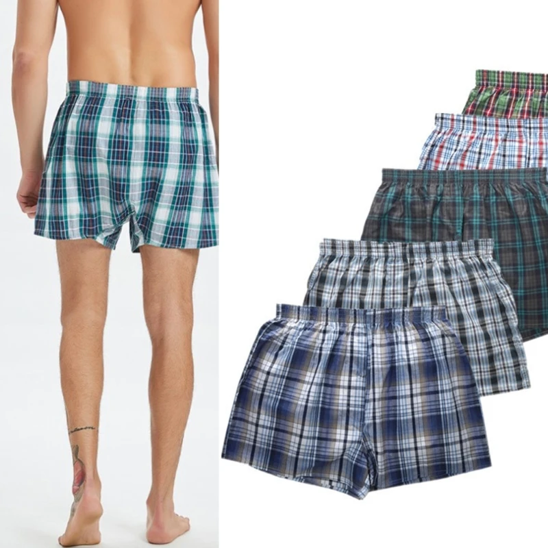 Men Cotton Underwear Boxers Shorts Vintage Plaid Sleep Underpants Button Fly Loose Comfortable Homewear Knickers Panties