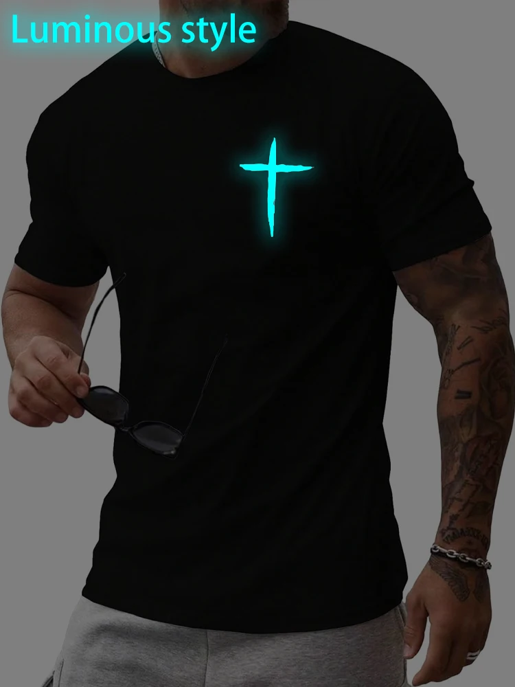 

Men's Cross Print Short Sleeve T Shirt Crewneck Luminous style cotton tees jesus Christianity streetwear