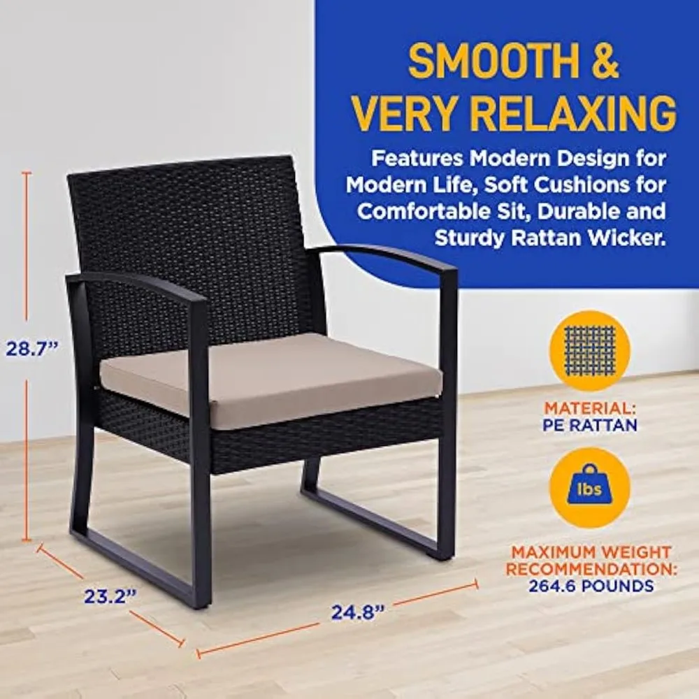 Patio Outdoor Furniture, 3 Pcs. Per Set-includes 2 Single Chairs with Soft Cushion and 1 Glass-top Coffee Table