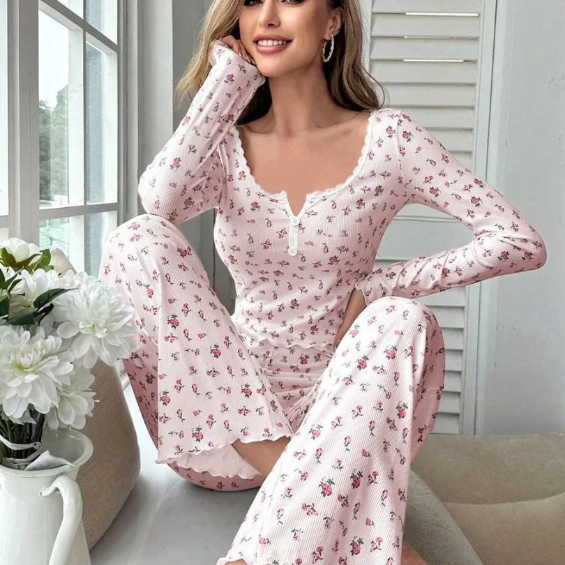 New Autumn and Winter Ladies Sexy European and American Pajamas Homewear Suit Fashion Long-Sleeved Trousers Pajamas Homewear