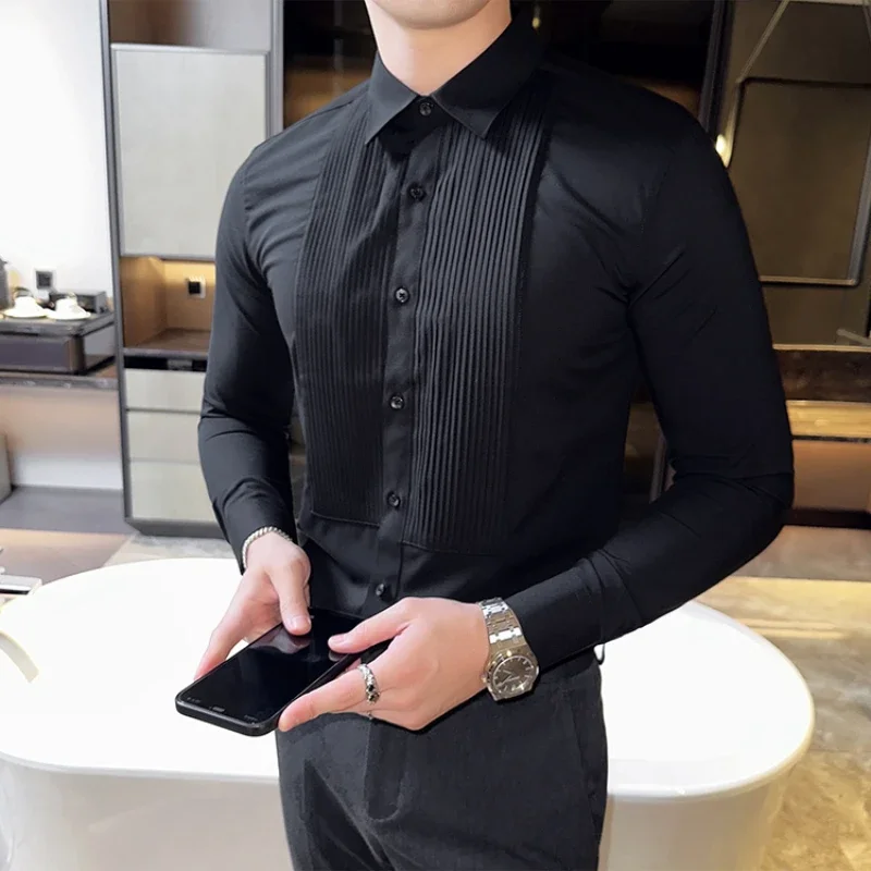 Luxury Tastar Dress Shirt Men Groom\'s Wedding Long Sleeved Shirt Slim Spliced Pleat Design Party Banquet Shirt Black White 2023