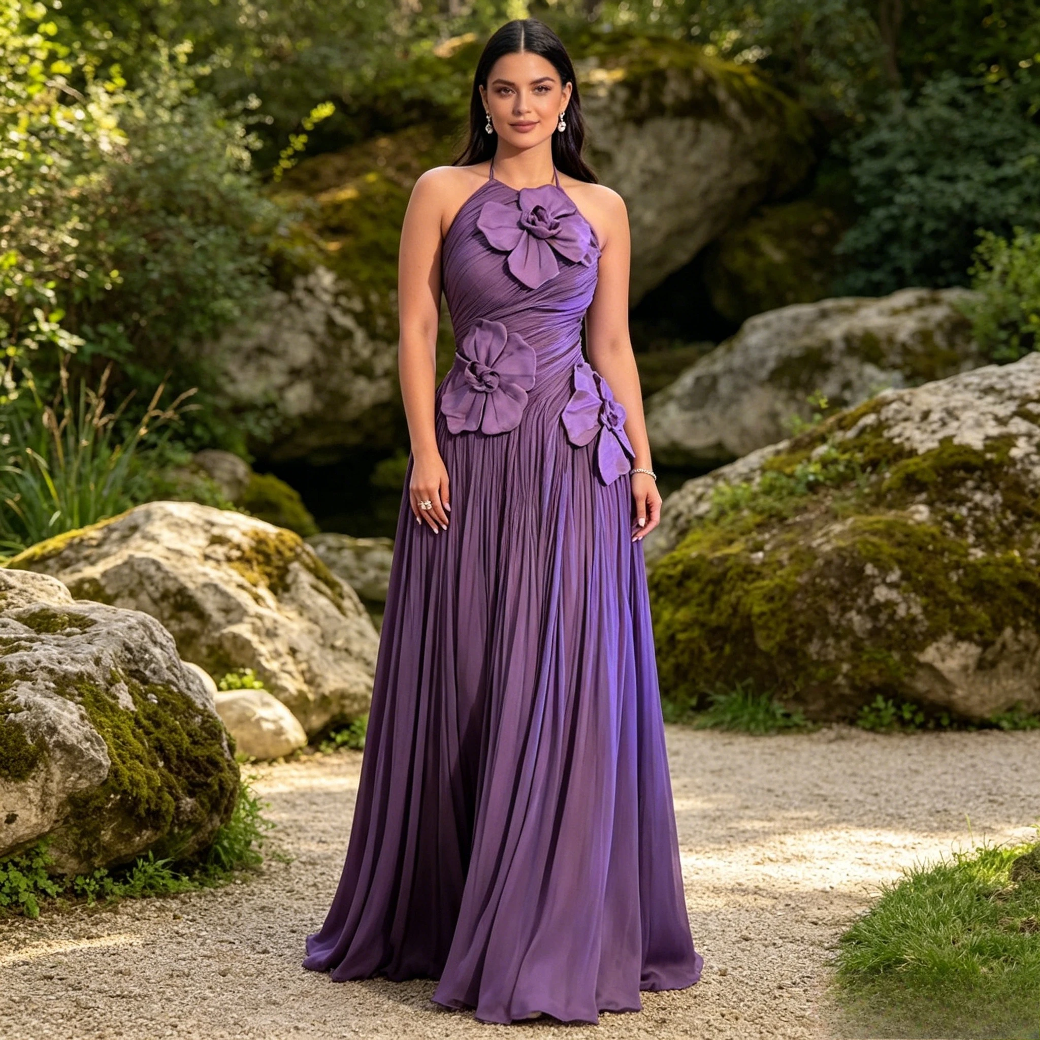 Customized Elegant Evening Gown Featuring a Halter Neckline, Ruched Bodice Appliqués, and a Flowing Pleated Floor-Length Skirt