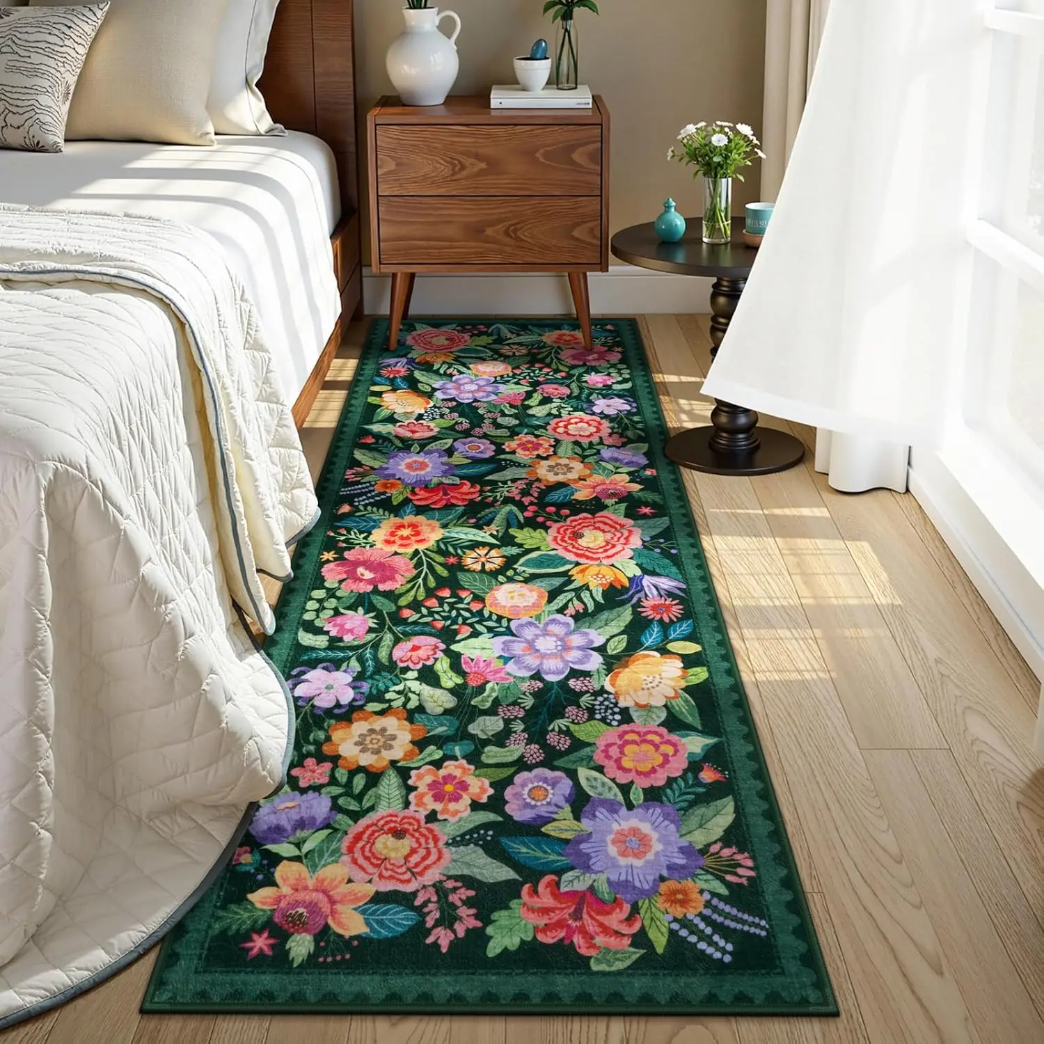 Small Green Entryway Rug Boho Floral Door Rug Indoo Washable Small Carpet for Kitchen Floor,Colorful Whimsical Print Home Décor