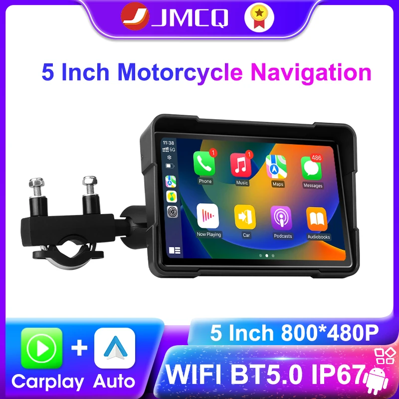 

JMCQ 5 Inch Motorcycle Carplay DVR Wireless Carplay & Android Auto IP67 Waterproof GPS Navigation IPS Screen Display Dash Cam