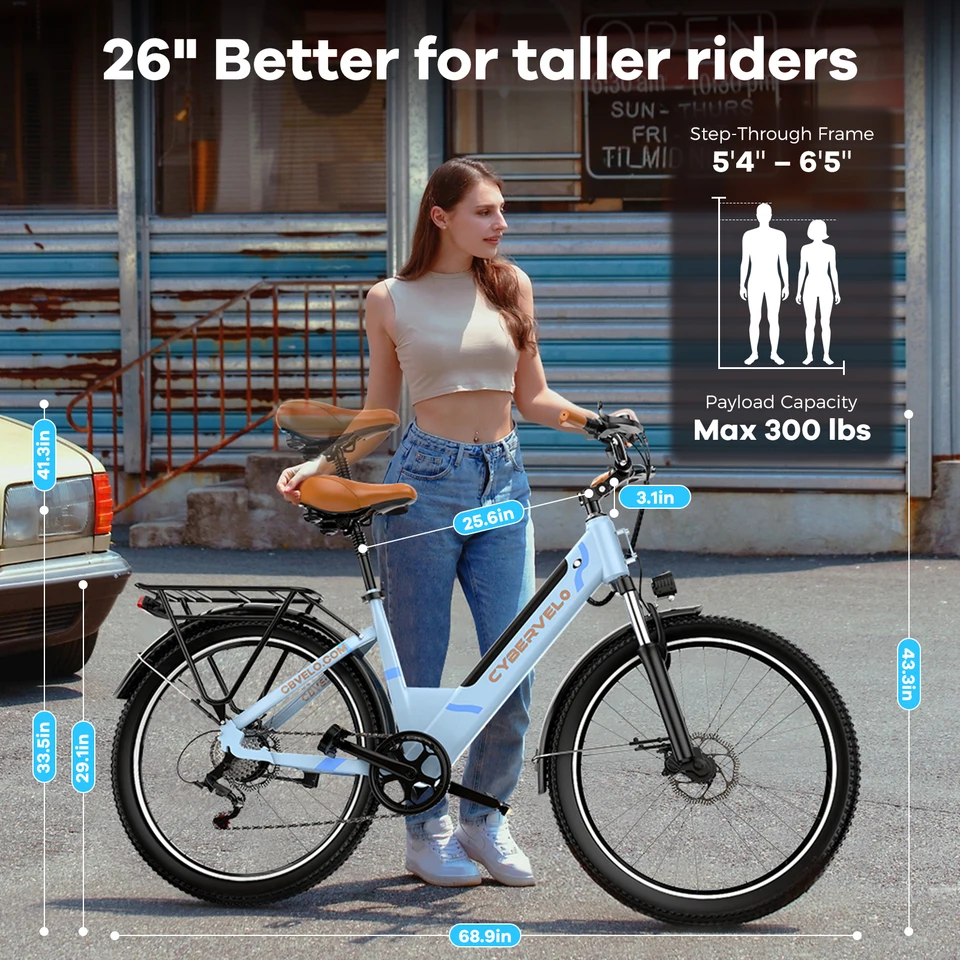 Cybervelo 1000W Peak 26" Electric Bike Adults 80Miles Removable Battery 7-Speed Ebike Beach Snow Commute E Bicycle for Men Women EK2 image 16