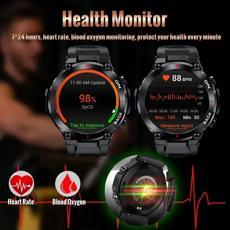 2024 New Men's Tactical Military Smartwatch - 5 ATM. IP68 Waterproof. for Android. Sports Fitness. GPS Integrated.