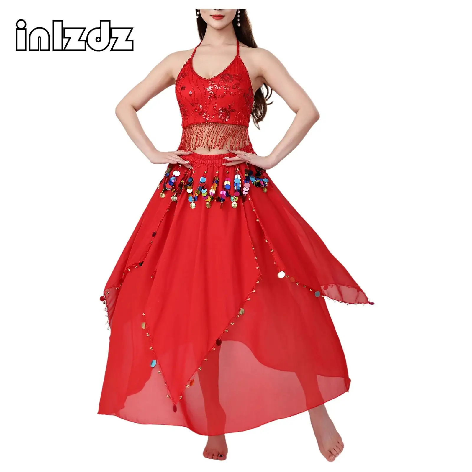 

2025 Womens Belly Dance Sequin Tassel Outfit Fringe Embroidered Lace-up Crop Top+Skirt Dance Costume Set for Stage Dancing Class