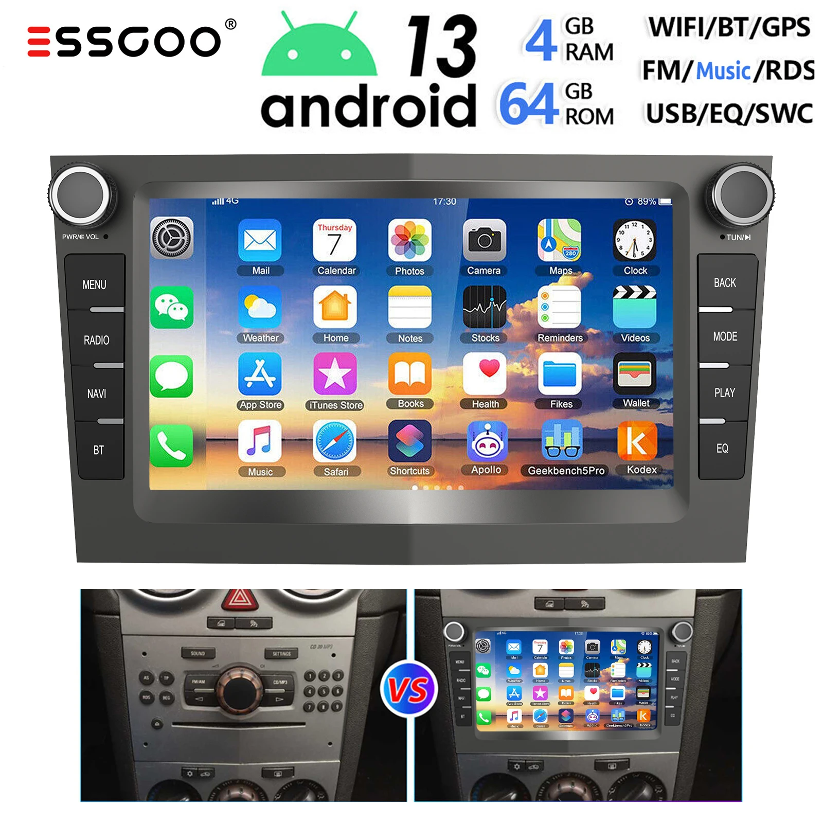 ESSGOO Android 13 4+64G Apple Carplay Car Stereo For Opel Vauxhall Astra H Zafira Meriva Vectra Corsa C D Combo GPS NAV RDS WiFi