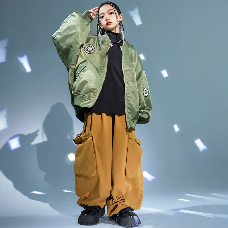 Kid Kpop Hip Hop Clothing Army Green Bomber Jacket Windbreaker Brown Wide Cargo Pants for Girls Boys Jazz Dance Costumes Clothes