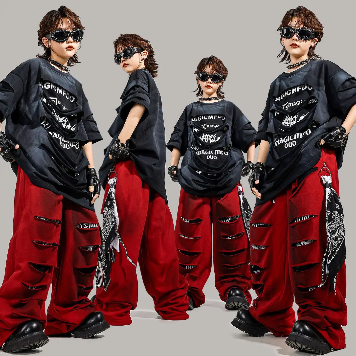 

Kid Kpop Hip Hop Clothing Black Letters Ripped T Shirt Red Casual Wide Distressed Pants for Girl Boy Dance Wear Costumes Clothes