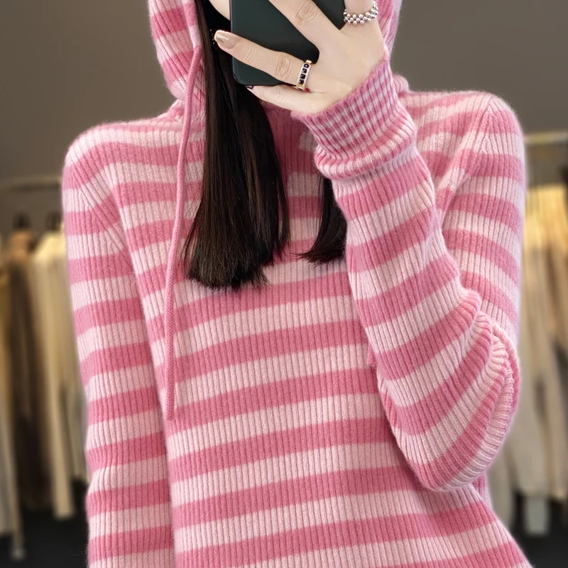 Women's Hoodies 100% Merino Wool Sweater Striped Long Sleeve Casual Loose Pullover Cashmere Knitwears Thicken Fashion New Knit